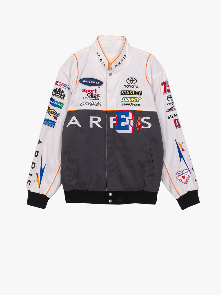 Front image of a white and grey racer jacket featuring assorted patches.