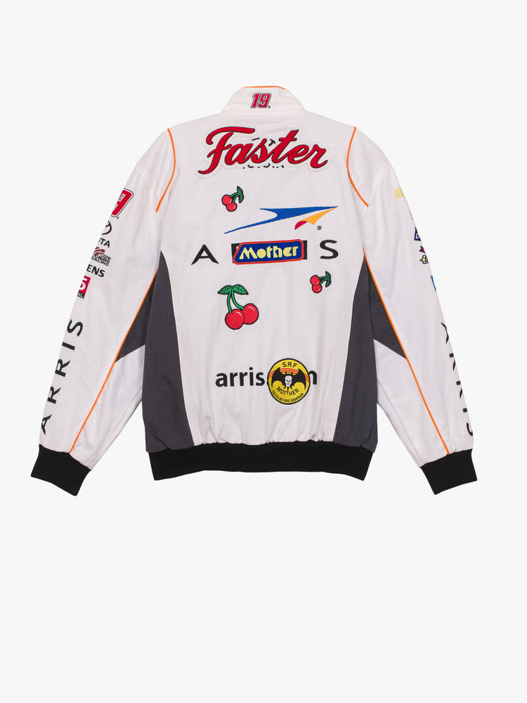 Back image of a white and grey racer jacket featuring assorted patches.