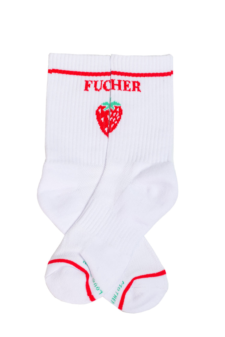 Flat of a pair of white socks with a strawberry and red writing.