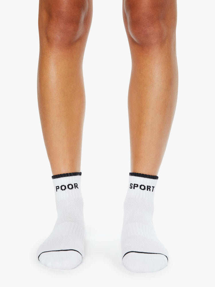 MOTHER'S classic tube sock now in an ankle style in white with black text and stripes on model
