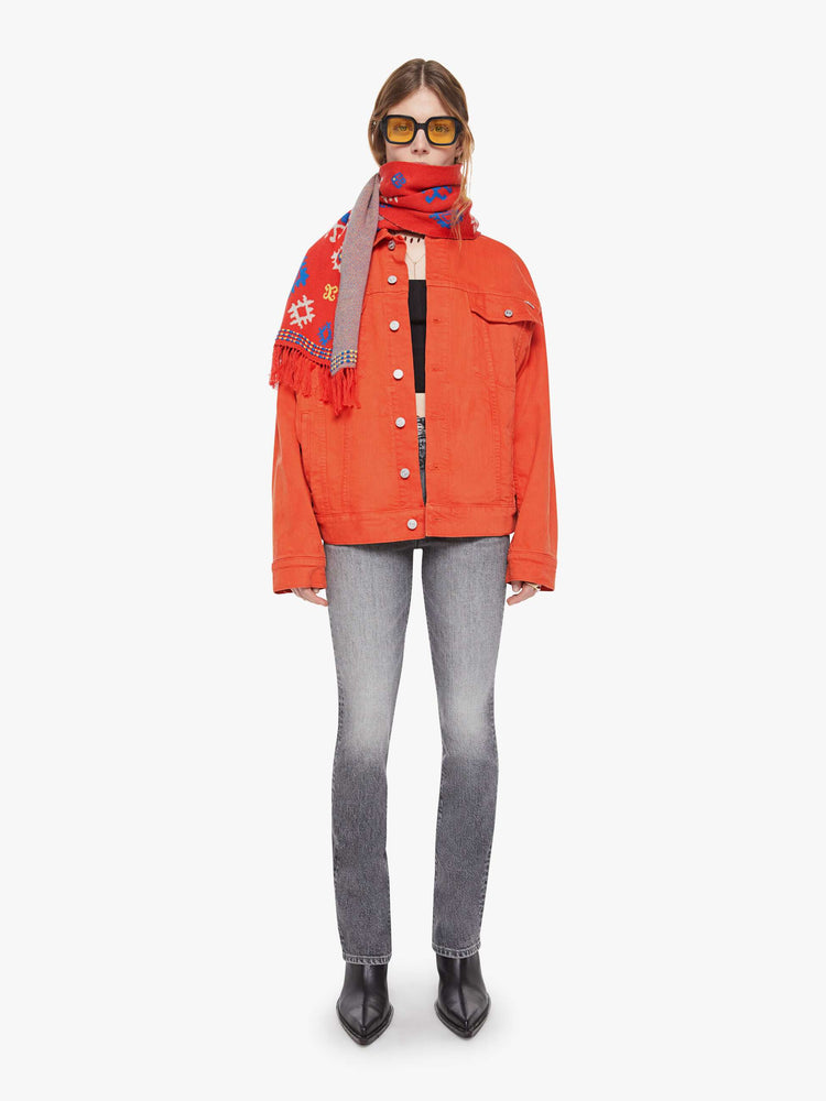 On model full body  wide rectangular scarf with fringed hems and an oversized fit. 