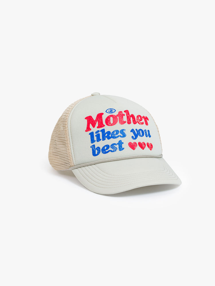 A vintage-inspired trucker hat designed in a light grey hue with a red and blue text graphic on the front.