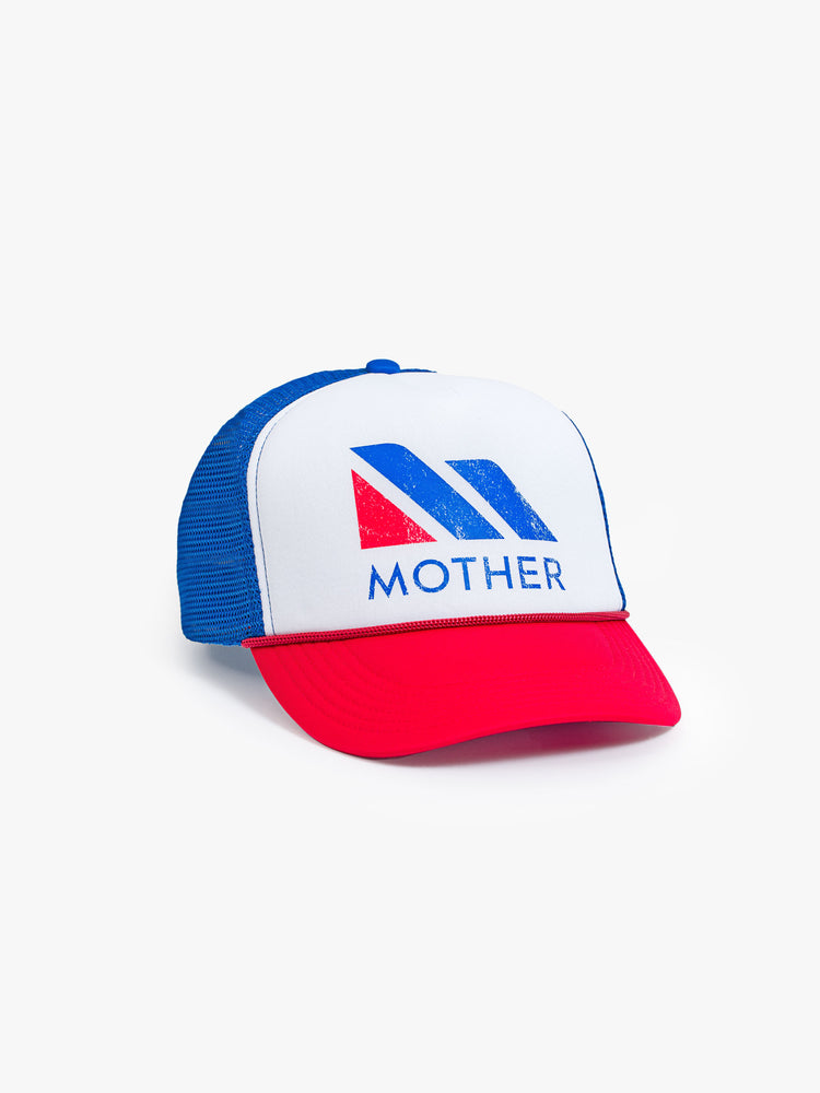 A vintage-inspired trucker hat designed in red, white and blue with a raceway-inspired graphic on the front.