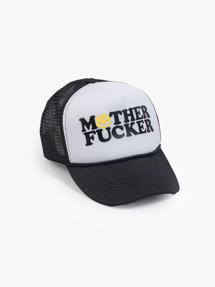 Front view of a trucker hat designed in black and white with an explicit text graphic on the front.