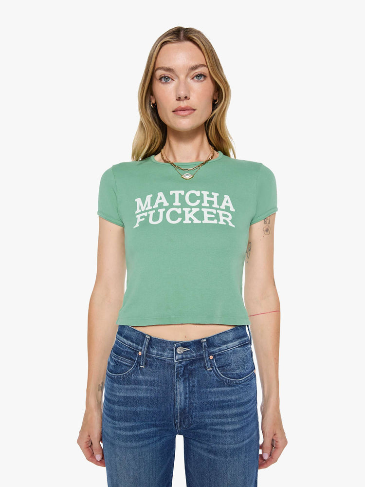 Front view matcha green tee features an explicit text graphic in white on the front.