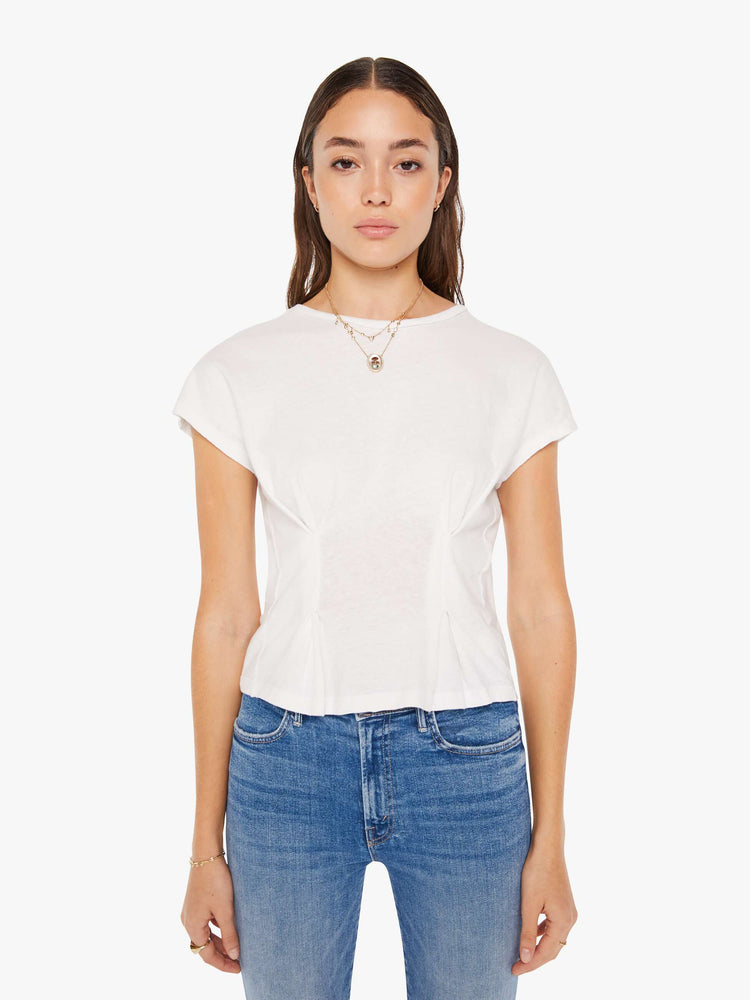 Front view of a womens white crew neck tee with pintuck details.