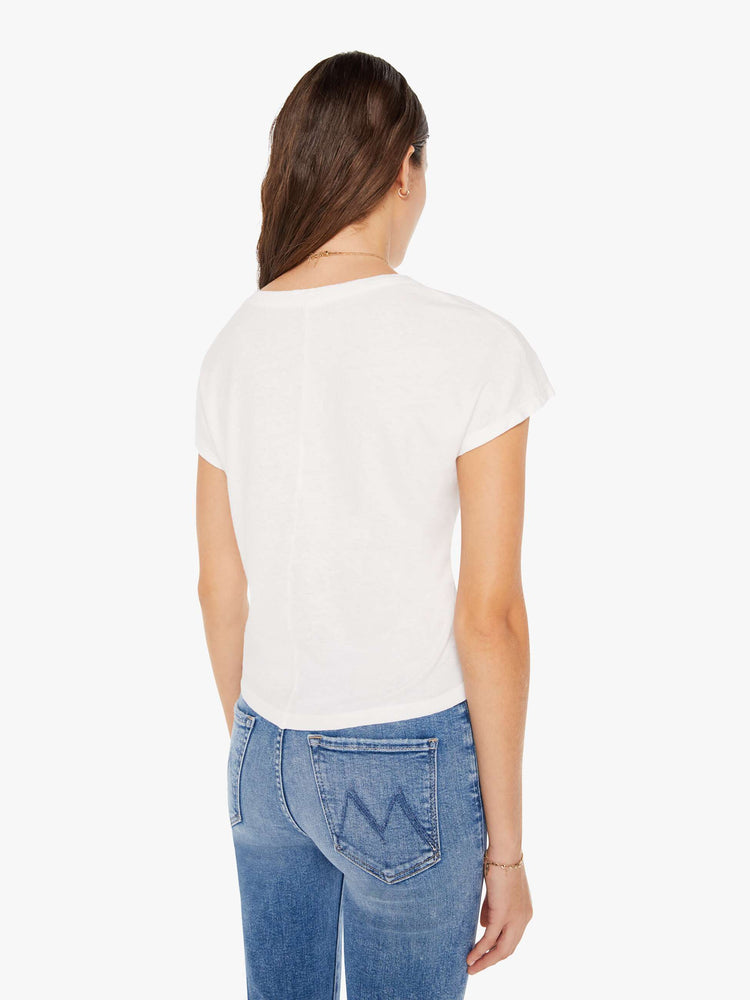 Back view of a womens white crew neck tee with pintuck details.