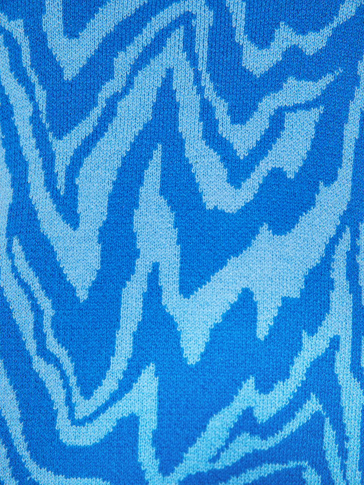 Swatch view of a woman long sleeve crewneck with a cropped, slightly shrunken fit in tonal blue graphic zebra print.