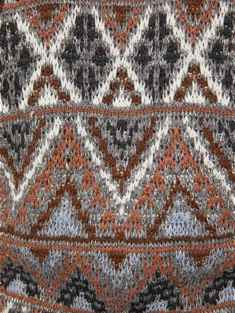 Swatch view of a woman knit halter top with a ribbed crew neck and a cropped hem in metallic shades of brown, grey and white.