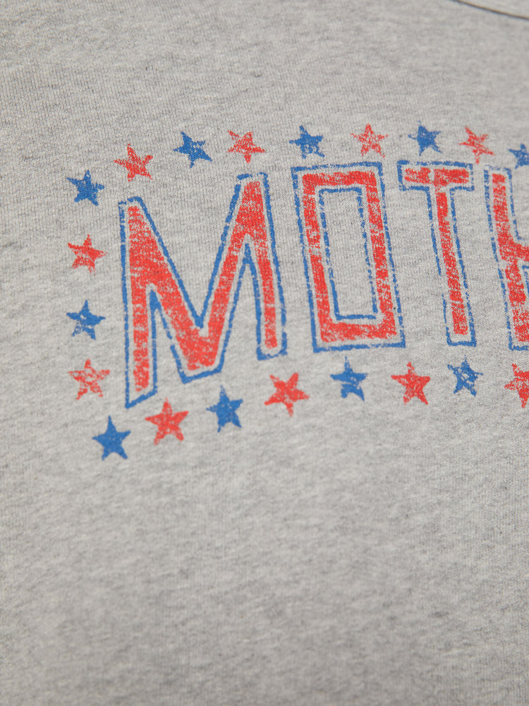 Swatch view of a women crewneck sweatshirt with dropped sleeves and a relaxed fit in a light grey color with American flag-inspired stars and stripes.