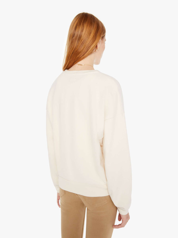 Back view of a womens ivory crew neck sweatshirt.