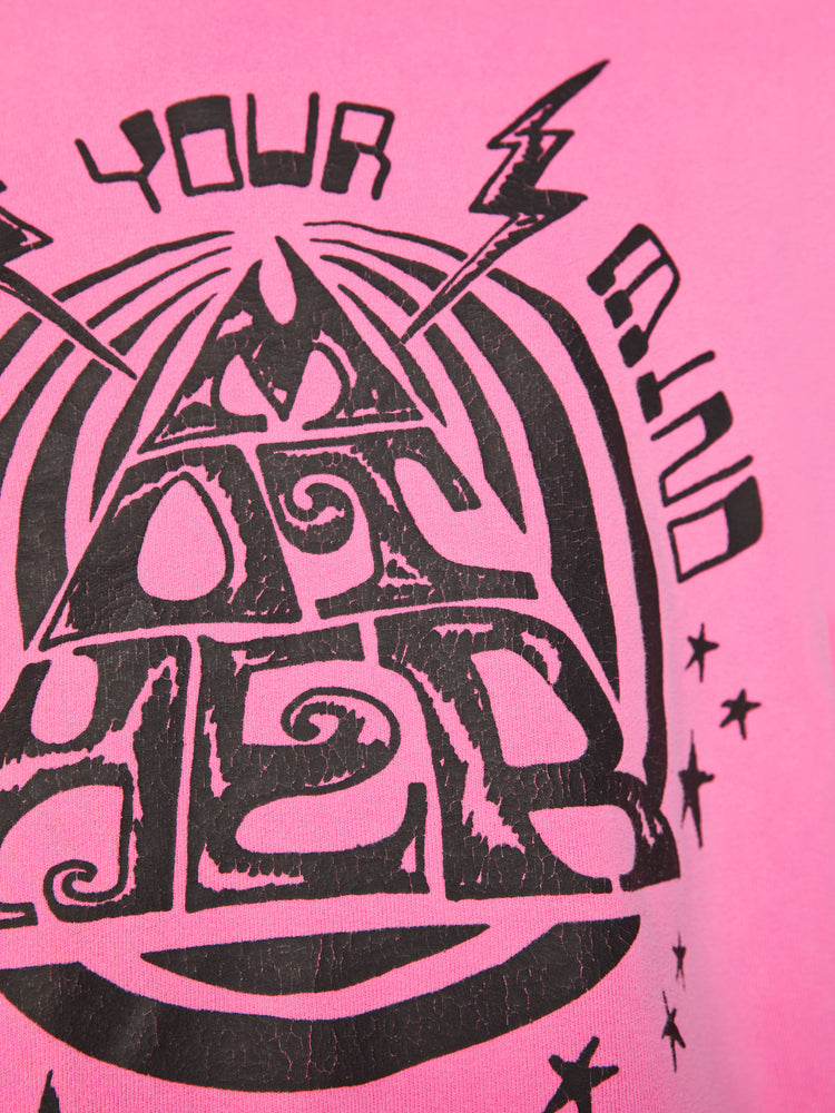 Swatch view of a woman crewneck sweatshirt with dropped sleeves in hot pink with black graphic.