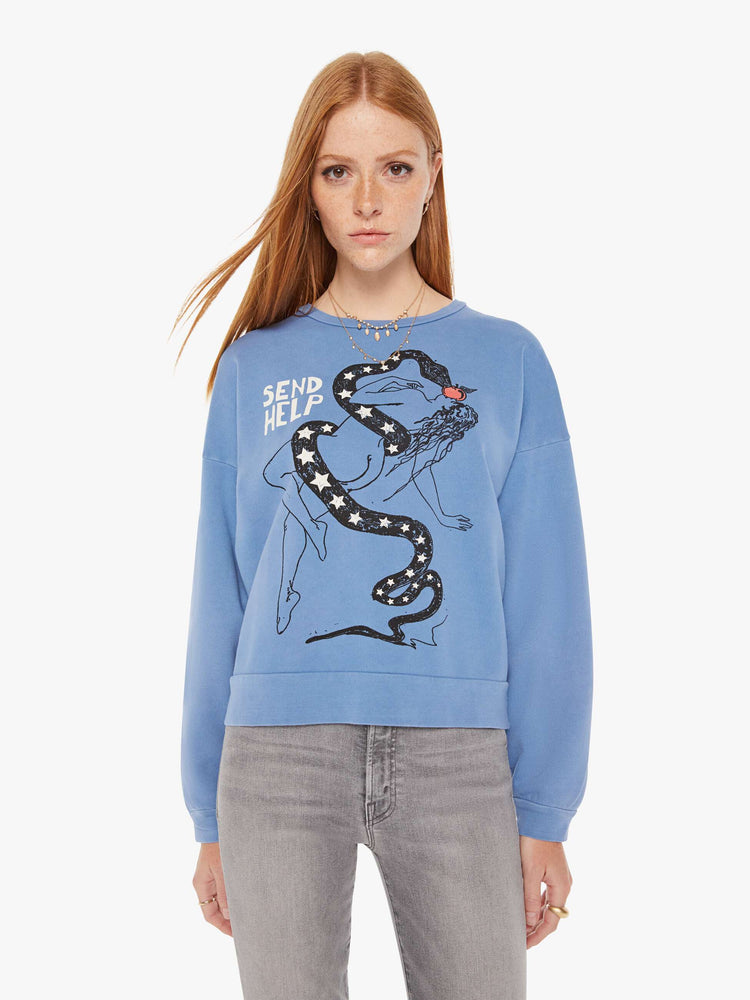 Front view of a womens faded blue sweatshirt featuring a woman and snake graphic with the words "SEND HELP".