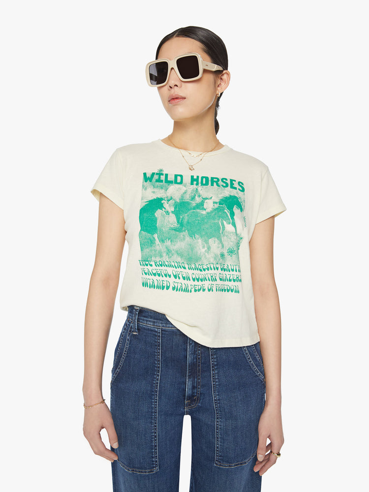 Front view of a woman off white with faded green graphic horses crewneck slit fit tee.