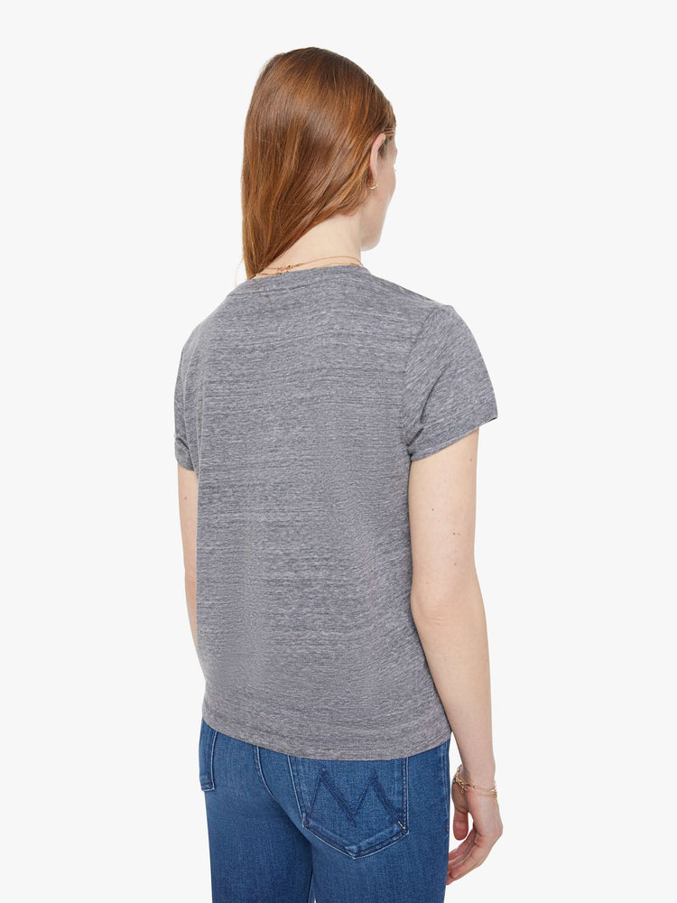 Back view of a woman in  heathered grey tee features white block text on the front.