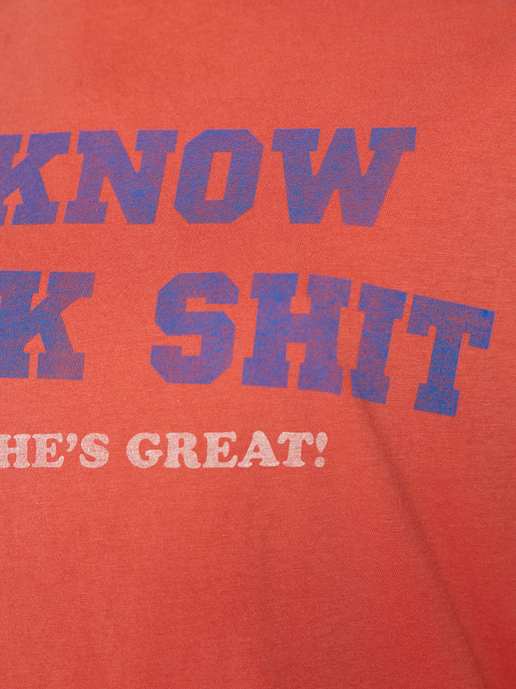 Swatch view of a woman crewneck with a slim fit in a faded red, the tee features graphic text in blue and white on the front.