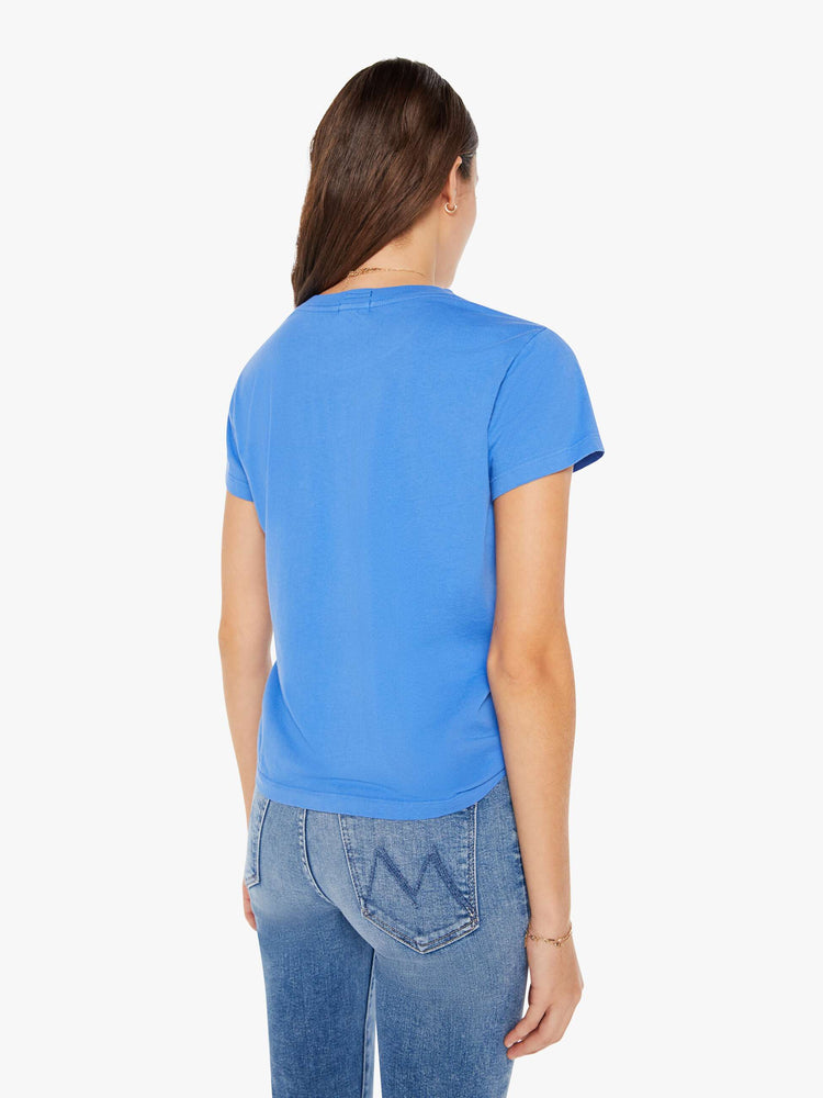 Back view of a womens blue crew neck tee featuring a yellow road graphic.