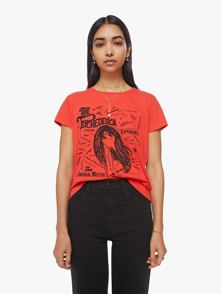 Front view of a woman bight orange-red hue slim fit crewneck with a graphic portrait and ways to trip out on the front.