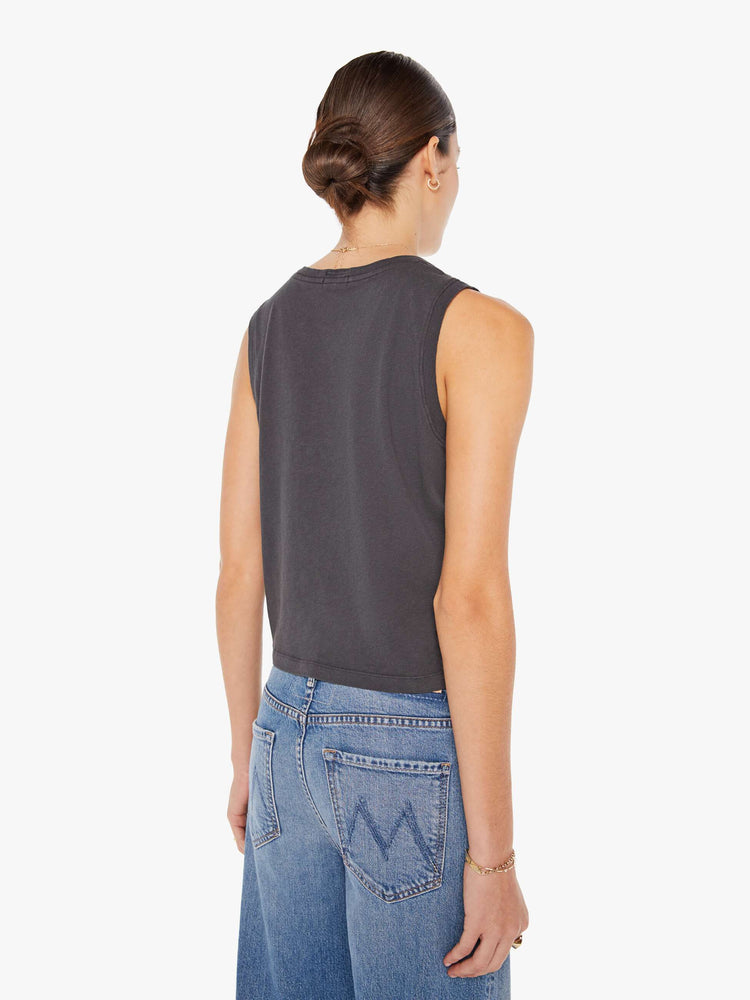 Back view of a womens faded black tank top tee featuring a cropped fit.