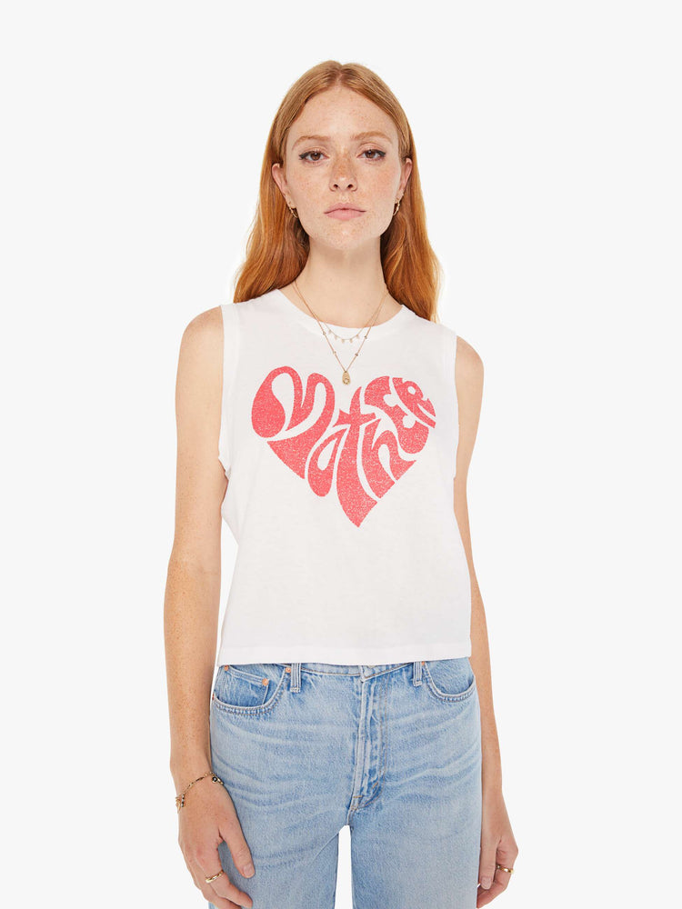 Front view of a womens white tank featuring a MOTHER heart graphic in red.