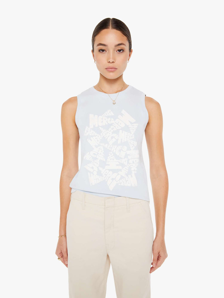 Front view of a womens light blue tank top tee featuring a cropped fit and a large white graphic.