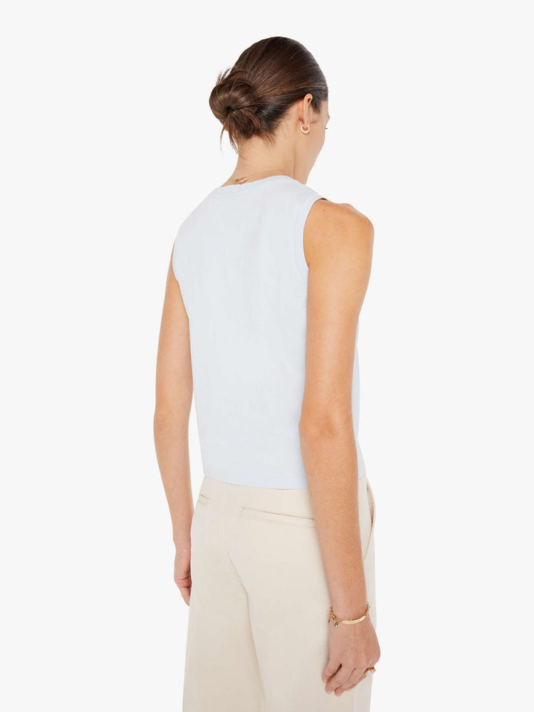 Back view of a womens light blue tank top tee.