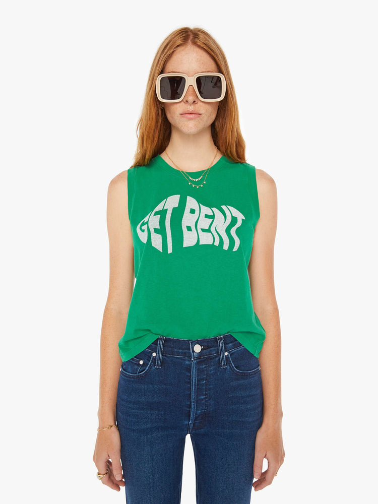 Front view of a woman green cropped muscle tee with a crewneck and boxy fit.