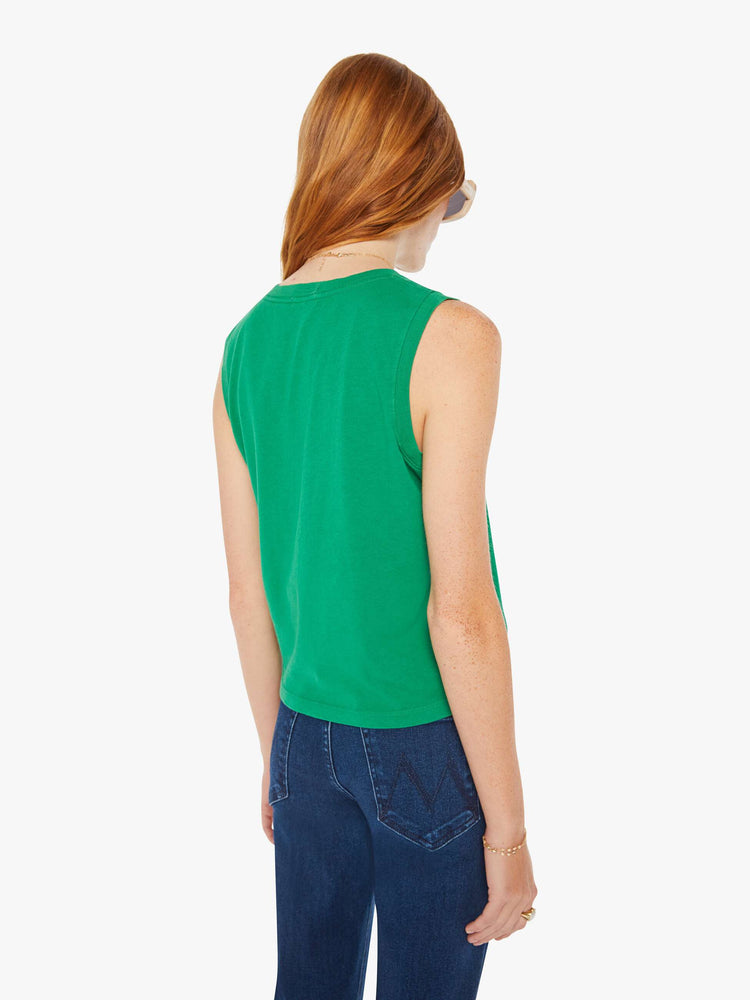 Back view of a woman green cropped muscle tee with a crewneck and boxy fit.
