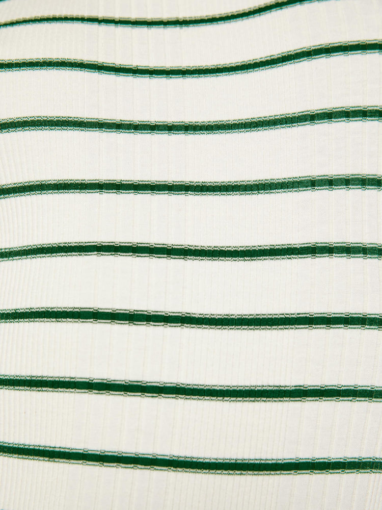 Swatch view of a woman body suit in an off white with green stripes in a slim fit and a racer-style straps.