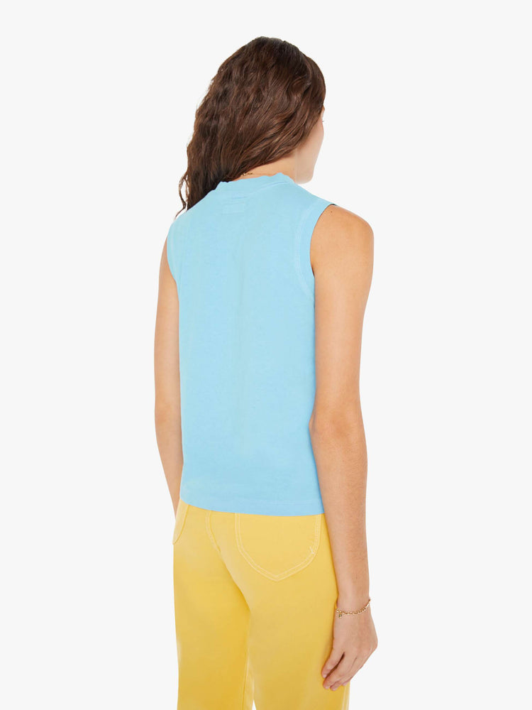 back view of a woman in a vintage-inspired tank designed with a crew neck, patch pocket and relaxed fit.