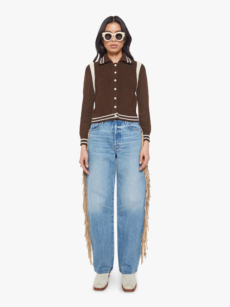 Full body view of a chocolate  collared knit top with long sleeves, buttons down the front, ribbed hems and a slightly shrunken fit. 