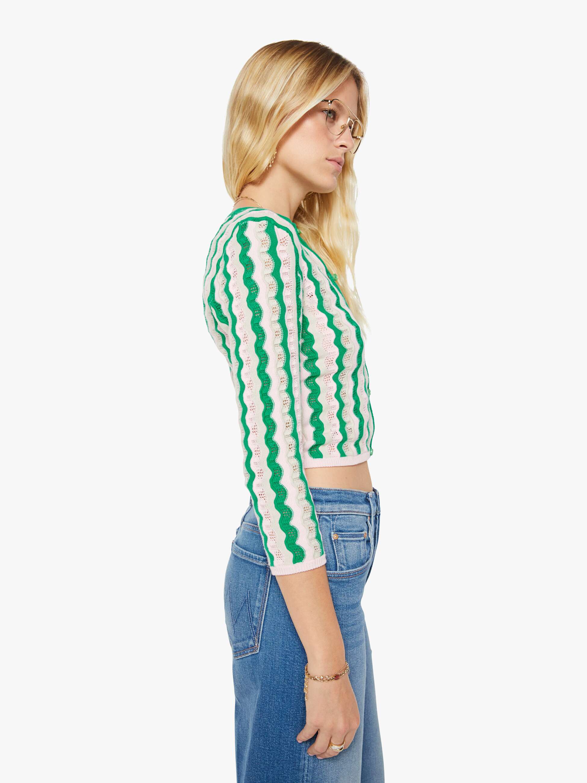 THE CREW NECK CARDIGAN POI GREEN PINK COMBO | MOTHER DENIM