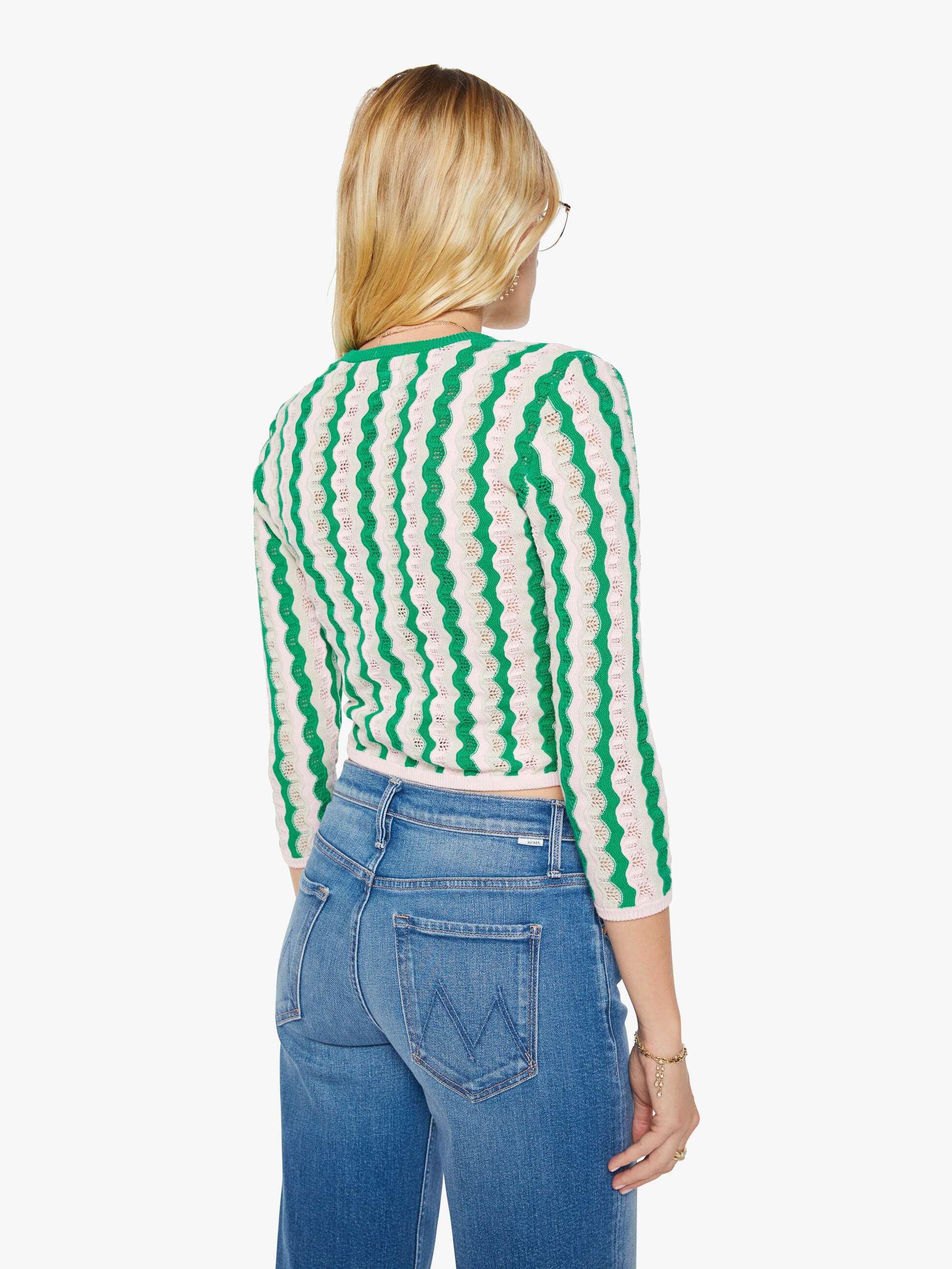 THE CREW NECK CARDIGAN POI GREEN PINK COMBO | MOTHER DENIM