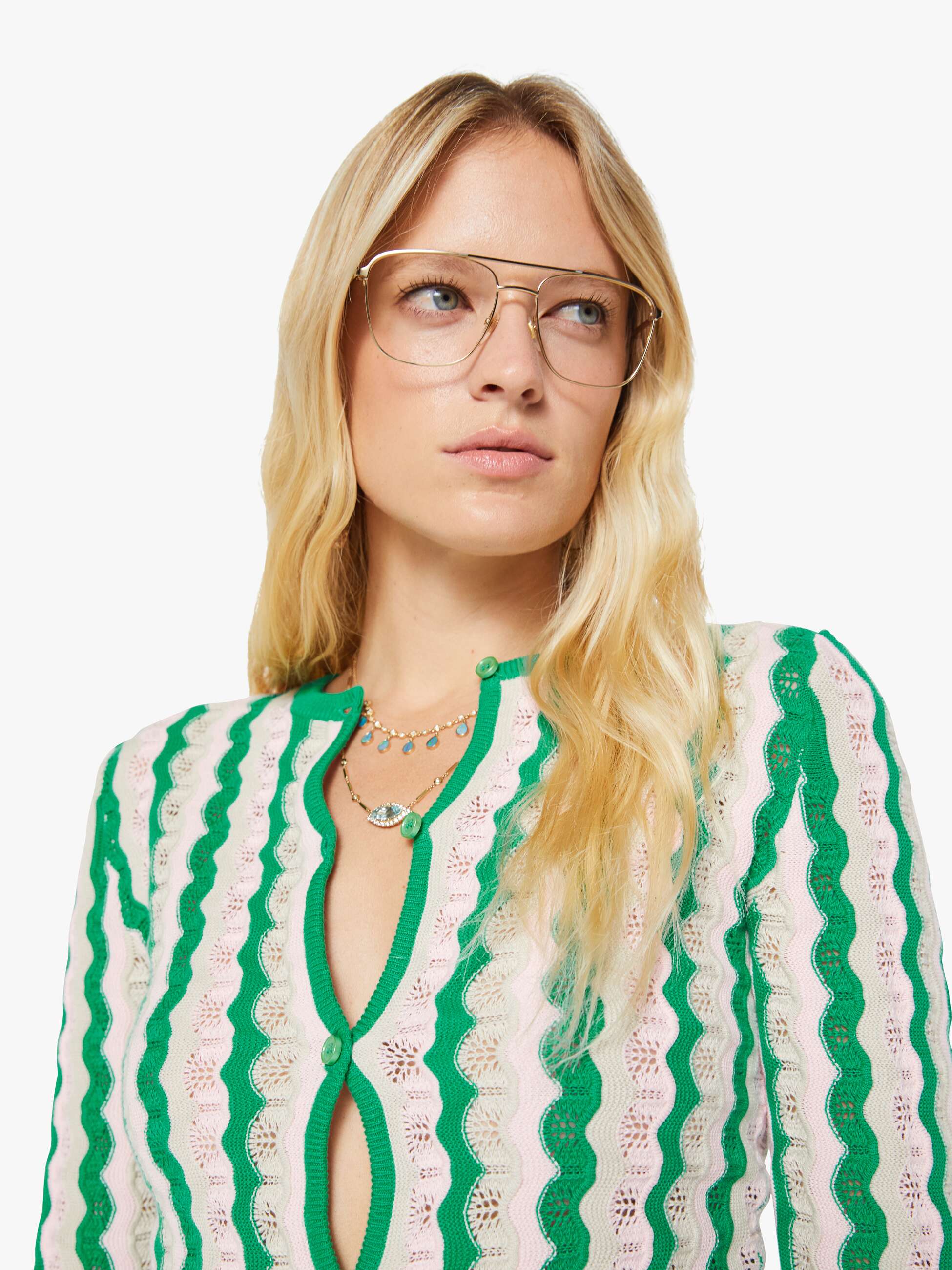 THE CREW NECK CARDIGAN POI GREEN PINK COMBO | MOTHER DENIM