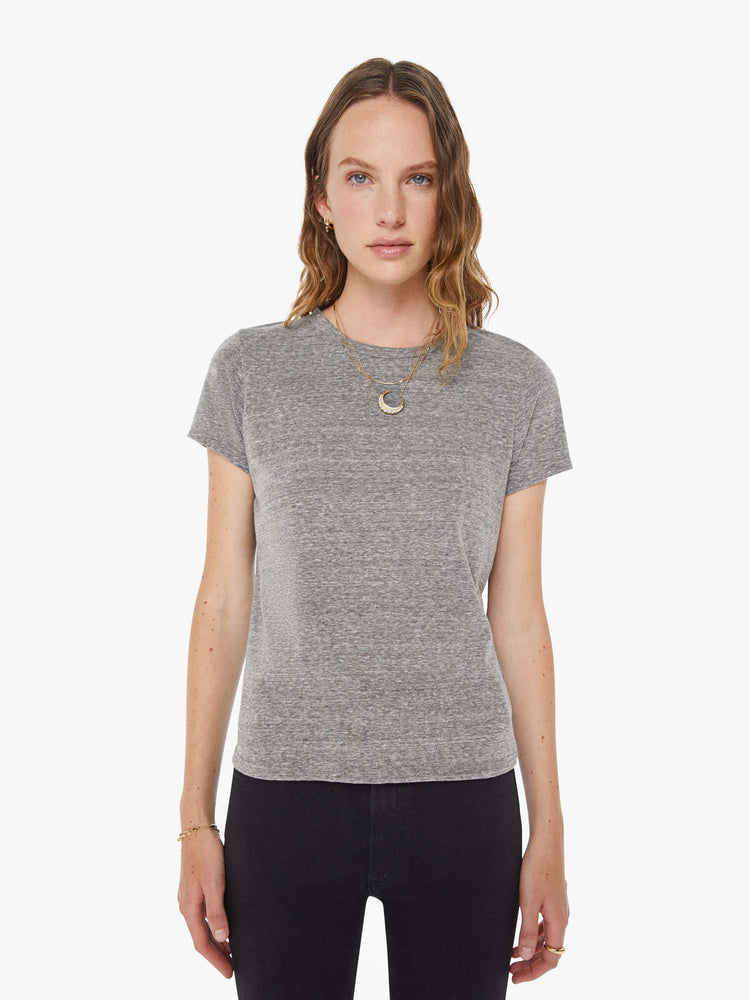 Front view of a womens heather grey crew neck tee featuring a slim fit.