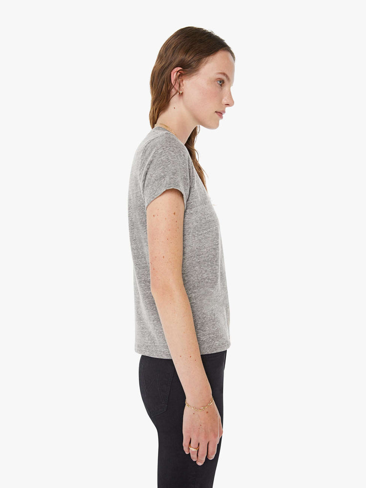 Side view of a womens heather grey crew neck tee featuring a slim fit.
