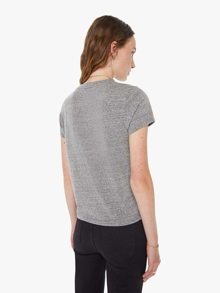 Back view of a womens heather grey crew neck tee featuring a slim fit.