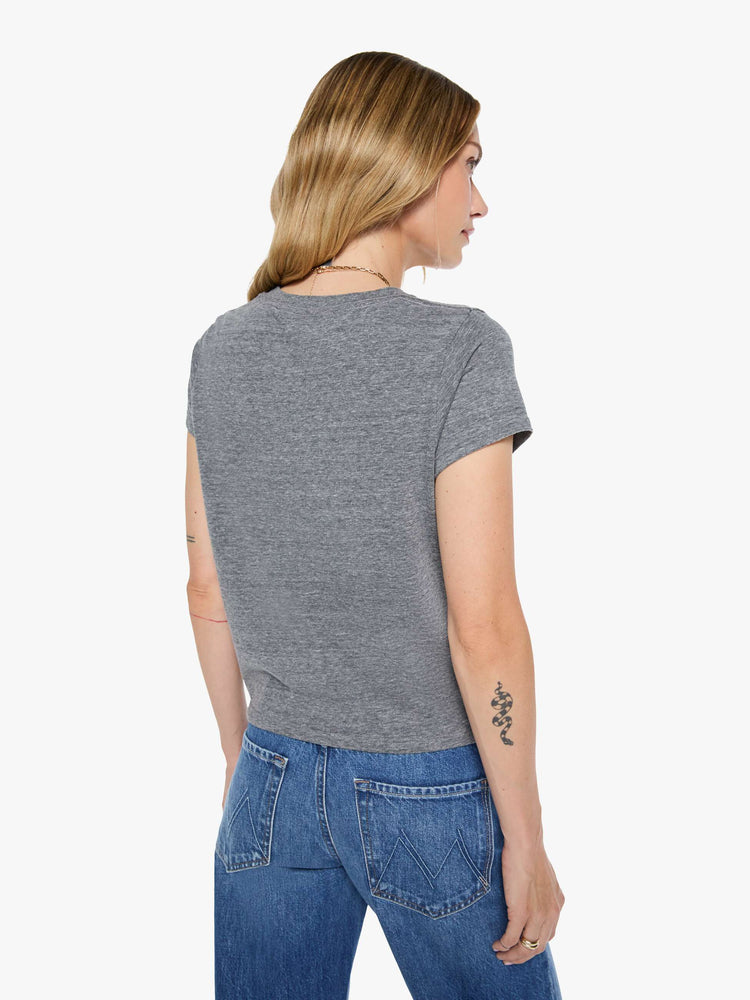 Back view of a womens heather grey crew neck tee featuring a slim fit.