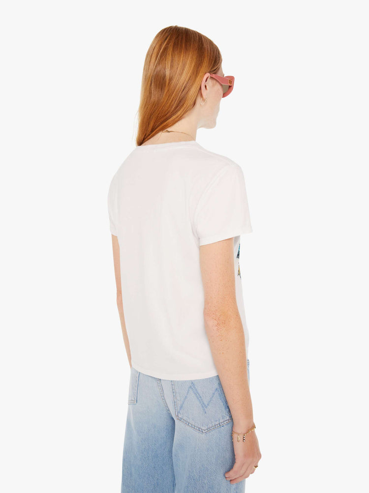 Back view of a white crew neck tee featuring a peace sign made of flowers.
