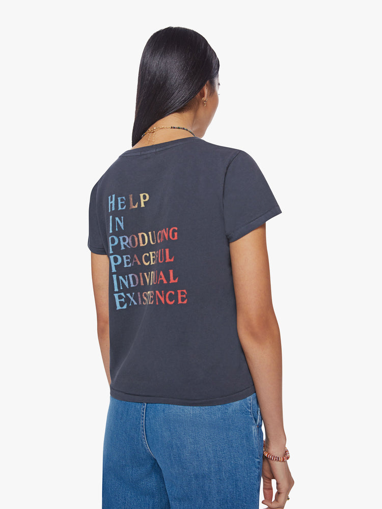 Back view of a woman slight sheer crewneck with a gradient text graphic on the front and an acronym on the back.