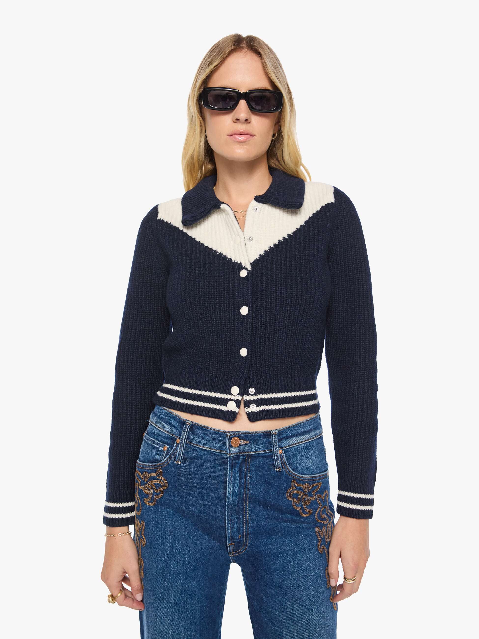 The Baby Raquette Cardigan - Navy And Ivory