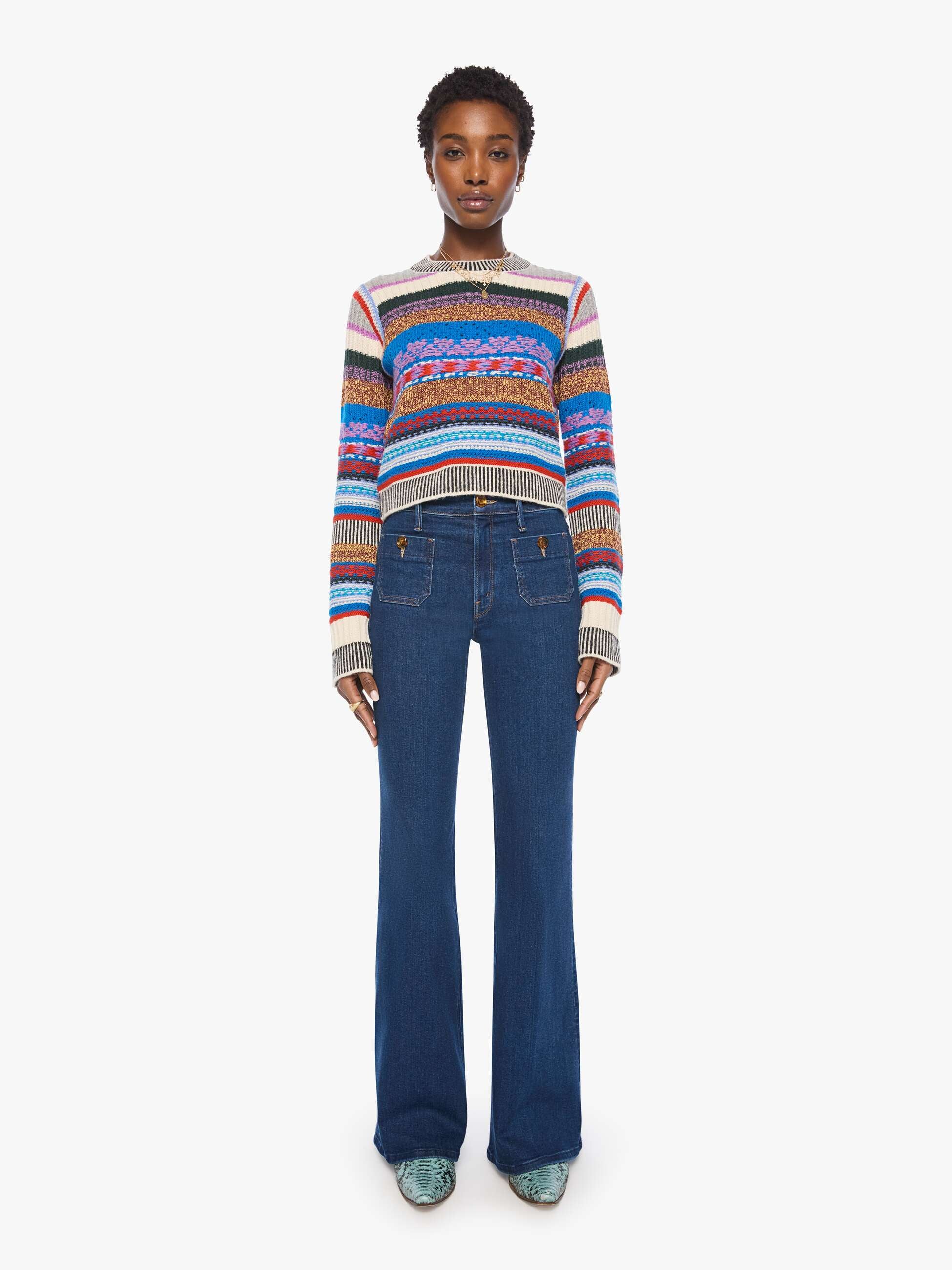 The Extra Crop Jumper - Red Ivory Blue Multi Stripe | MOTHER DENIM