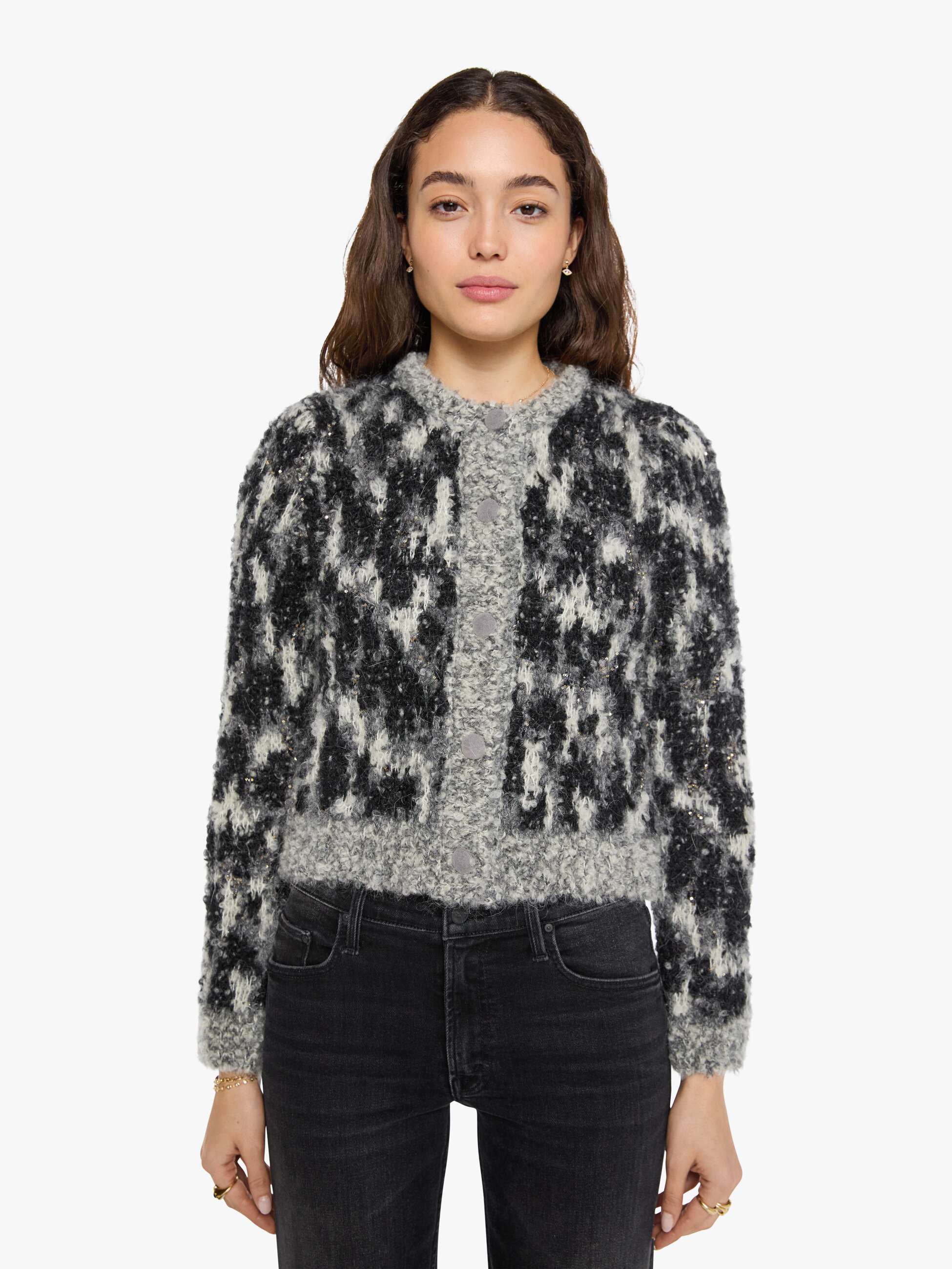 The Padded Crop Cardigan - Black Ivory Heather Grey