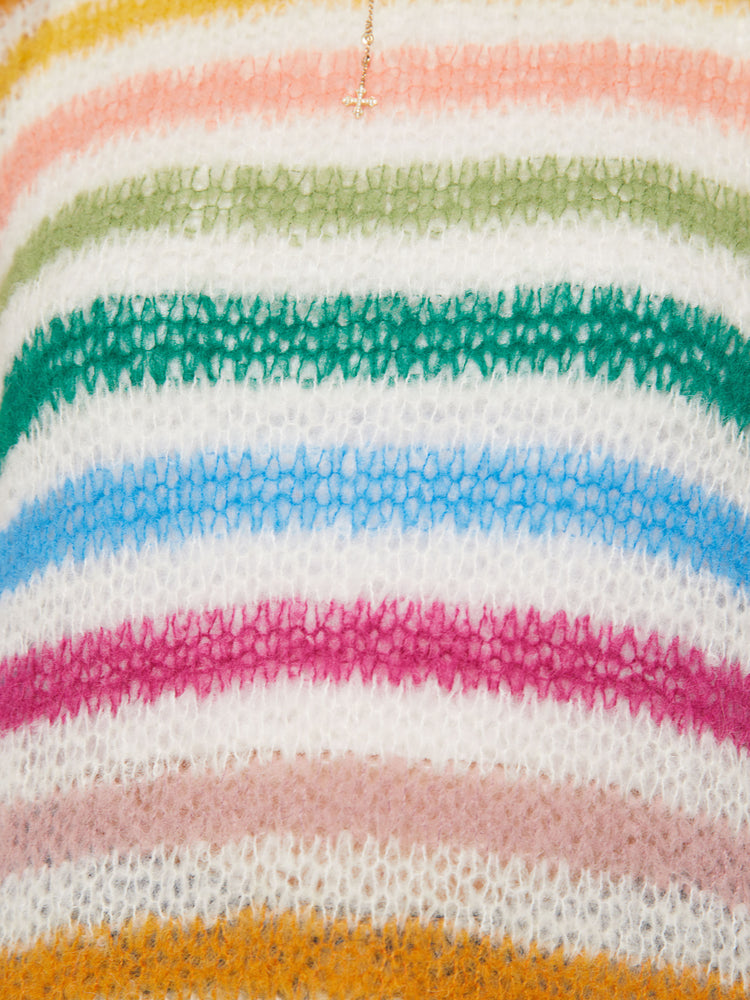 Swatch view of a woman oversized crewneck sweater with drop shoulders, long roomy sleeves and a hip-length hem in cream with horizontal rainbow stripes.