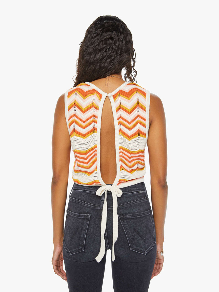 Back view of women's multi-color knit crop tank with open back.