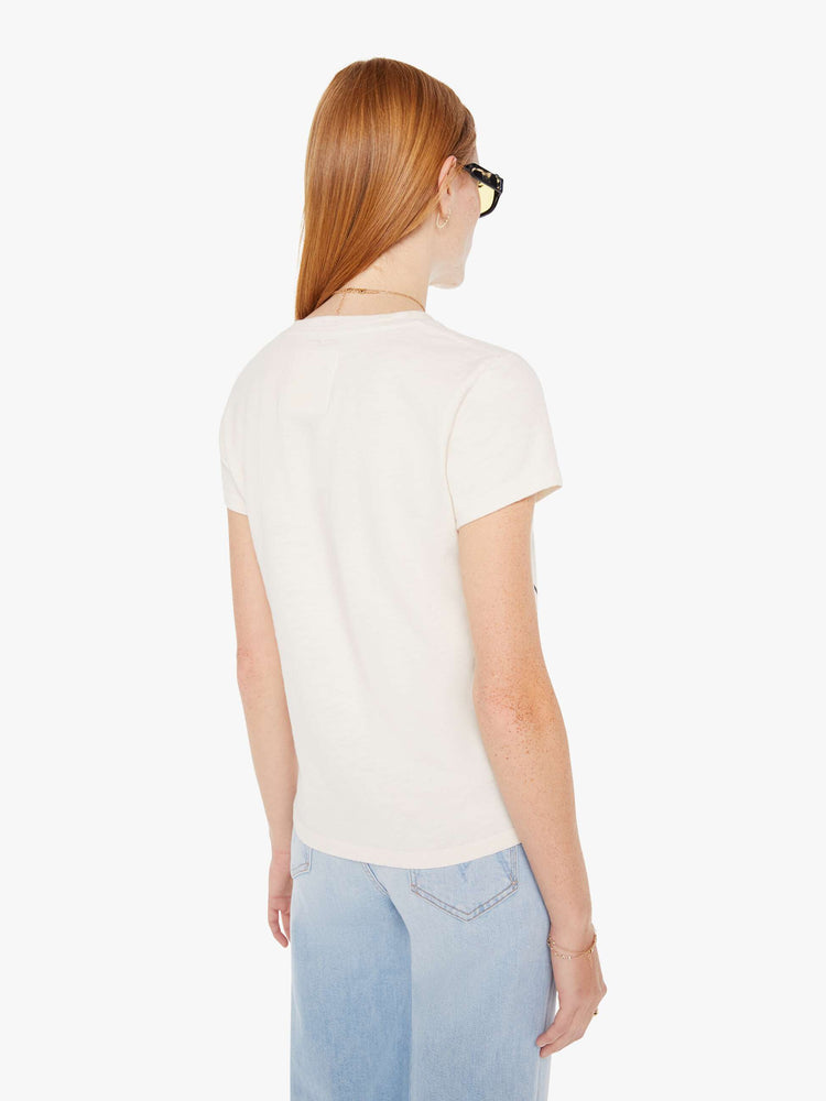 Back view of a womens white crew neck tee.
