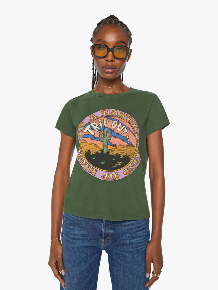 Front view of a woman forest green tee features a national park-inspired desert graphic with text on the front.