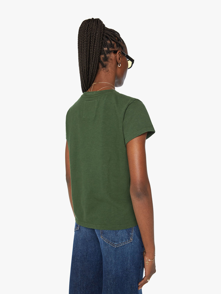 Back  view of a woman forest green tee features a national park-inspired desert graphic with text on the front.