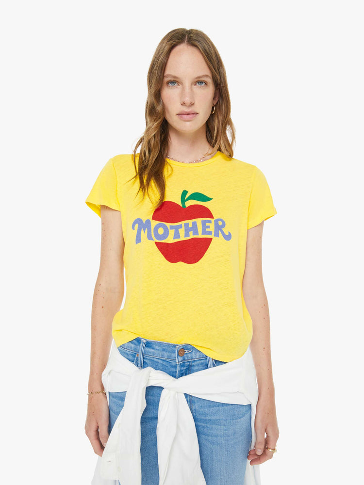Front view of a woman in a yellow tee with a red apple graphic and MOTHER's name in blue on the front.