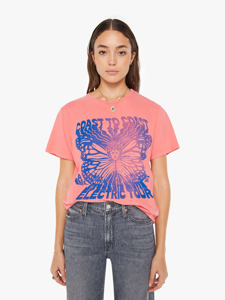 Front view of a womens pink crew neck tee featuring a large blue graphic.